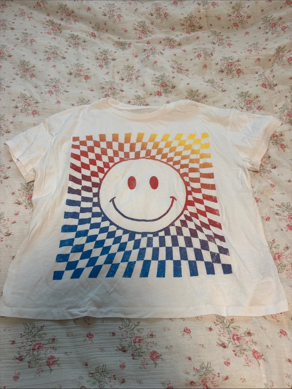 art class White Tee with Rainbow Check Smiley Graphic